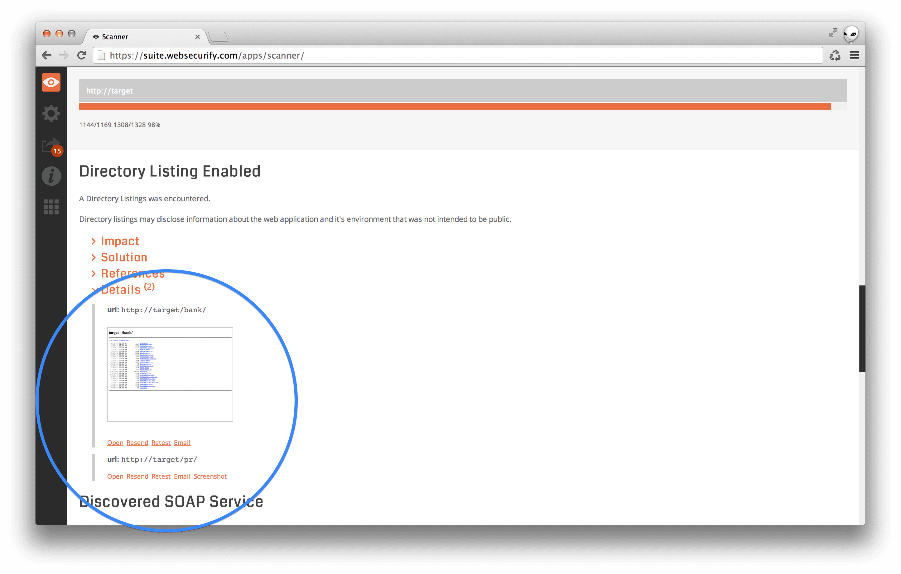 web scanner report with the manual screenshotting feature